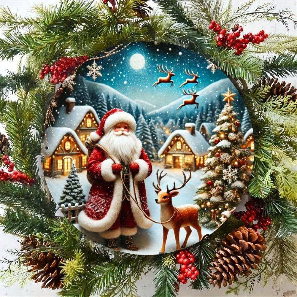 1pc Hand Painted Santa Claus Reindeer Village Snowy House Pine Metal Tin Wall Art Christmas Decor