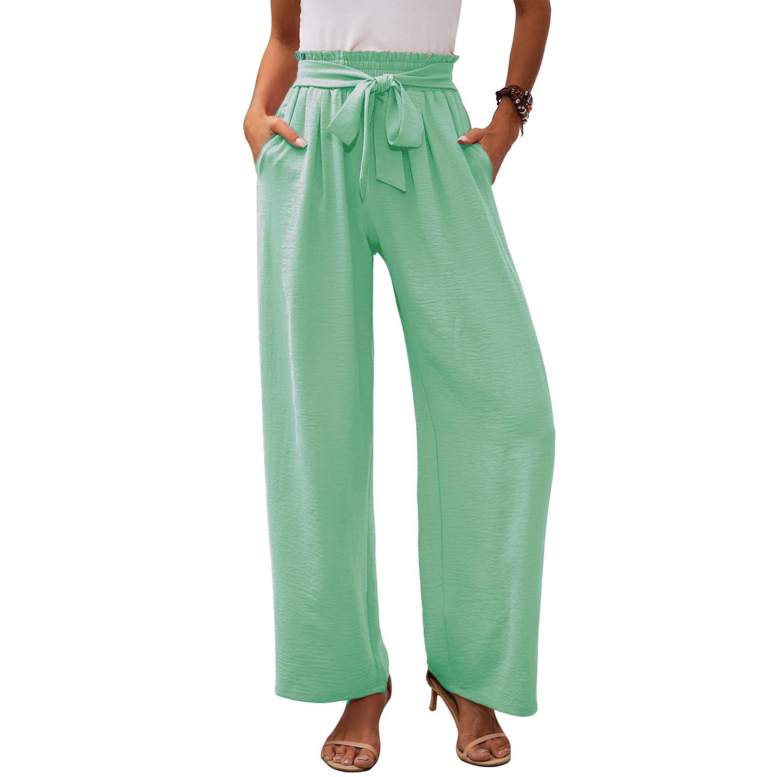 Women s Wide Leg Casual Pants With Pockets Lightweight High Waist Tie Knot Loose Pants XXXL