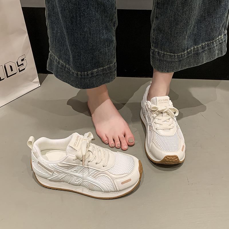 Мягкая кожа сетка дышащие женские 2025 весна новые универсальные на толстой подошве увеличивающие рост повседневные спортивные туфли 35 бежевый 3898₽