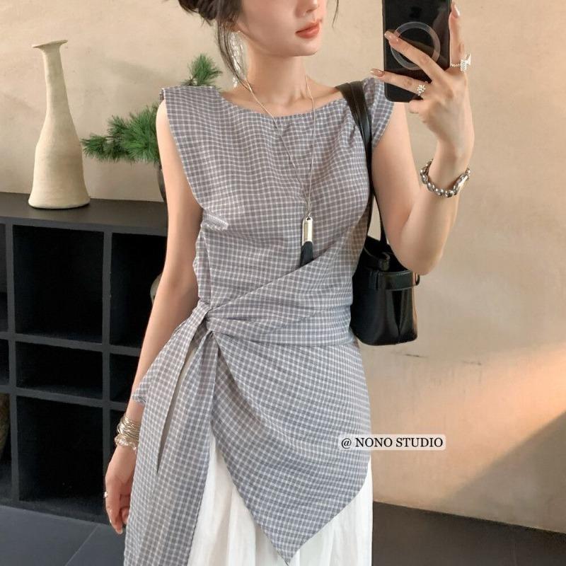 Summer plaid sleeveless shirt top, Korean style slimming sleeveless top, women s fashion design, niche S серый