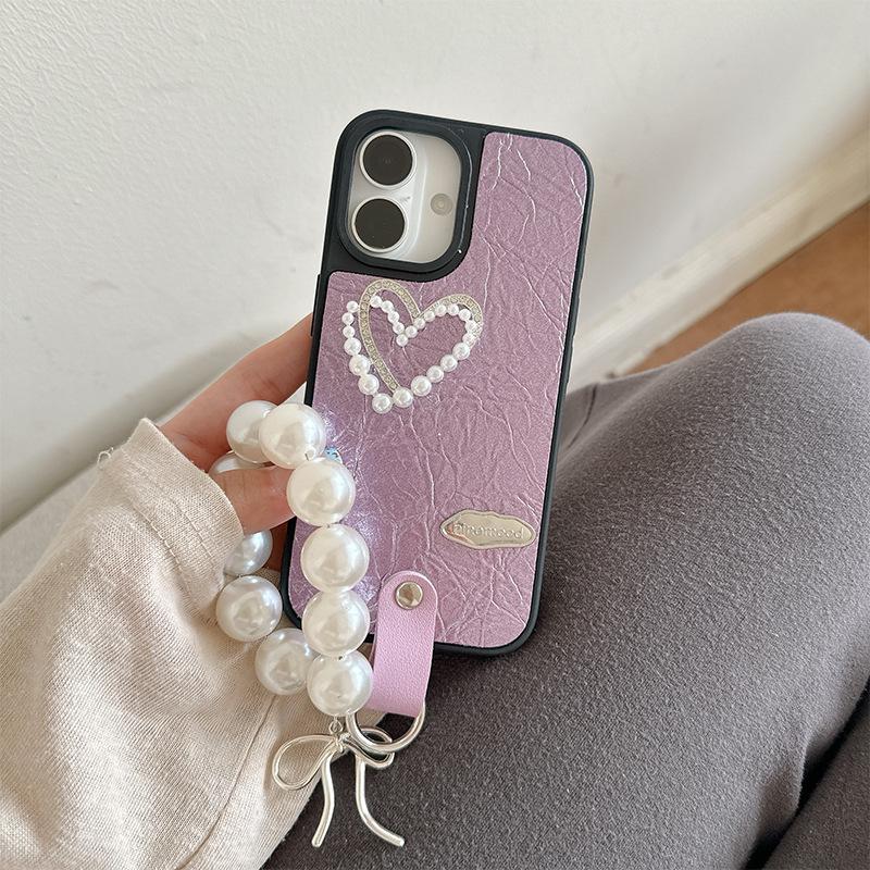 

Кожаный чехол для телефона Pearl Love однотонный для Apple 16pro, жемчужная цепочка для IPhone17AIR, защитный чехол For iPhone 17Promax