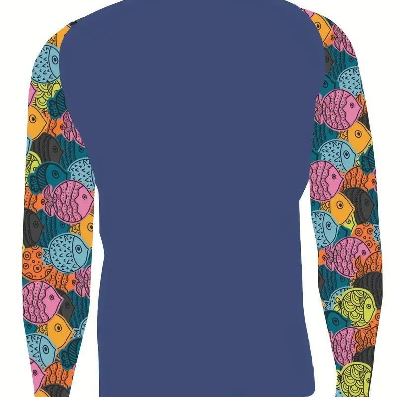 Mens Long Sleeve Blue High Neck Rash Guard With Colorful Fish Print Beach Swimming Surfing