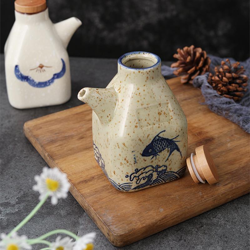 Ceramic Sauce Pot Japanese Style Vinegar Dispenser Soy Sauce Seasoning Tool Cooking Olive Oil Pouring Bottle with Leakproof Lid