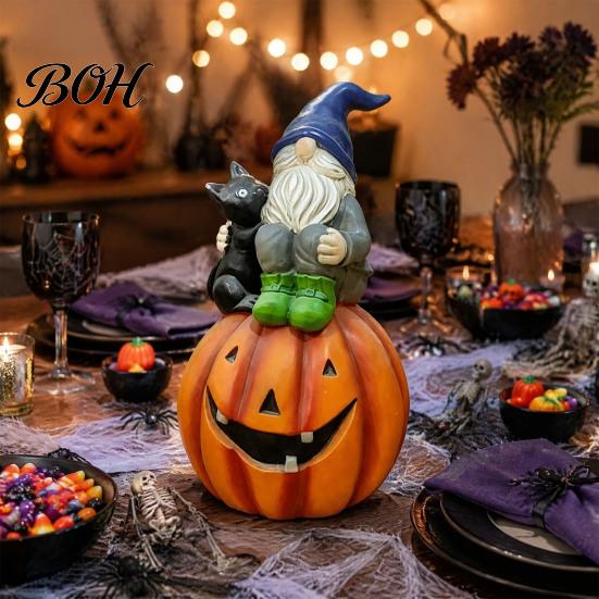 Holiday Gift for Her Halloween Gnome Outdoor Garden Statue, Resin On Pumpkin Figurine with Cute Black Cat Cat, Fall Autumn Dwarf Sculpture Porch Yard
