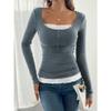 Fashion Square Crew Neck Splicing Lace Slim Fit Women Blouse Long Sleeve Casual Office Shirt Solid Color Simple Buttons Sweet Top Clothing