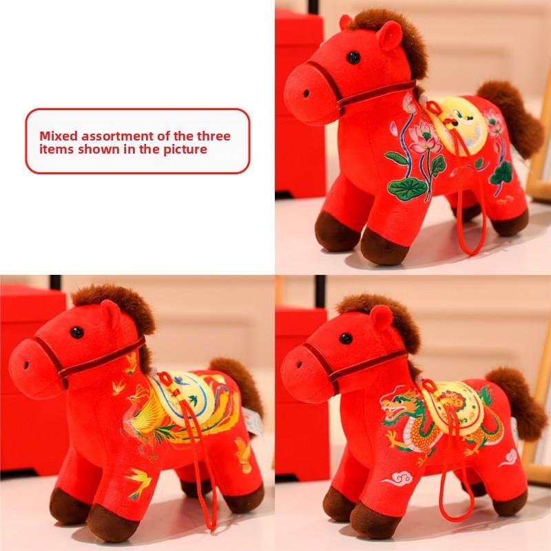 Pony Plush Pendant Backpack Charm With Dragon Phoenix Flower Embroidery Design For Chinese New Year Gift
