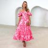 Women's Summer Strapless Print Pleated Dress Short Sleeve Ankle Length Fashion