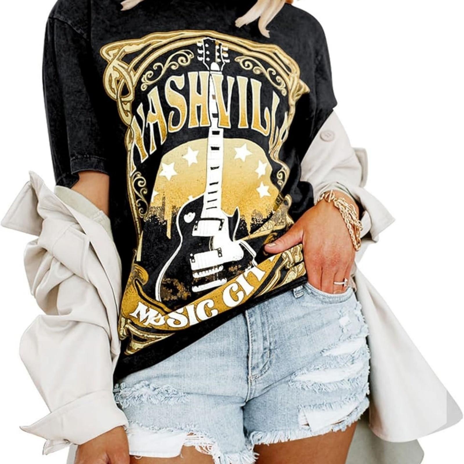 Binshre Women s Nashville T Shirts Country Music Concert Tshirts Distressed Graphic Short Sleeve Tees for Women XXXXXL разноцветный