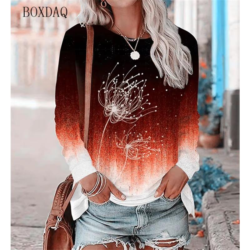 Löwenzahn Muster Damen T-Shirts Frühling Herbst Langarm 3D Pflanzen&Blumen Druck Street Gradient Damen T-Shirts 6XL Übergröße