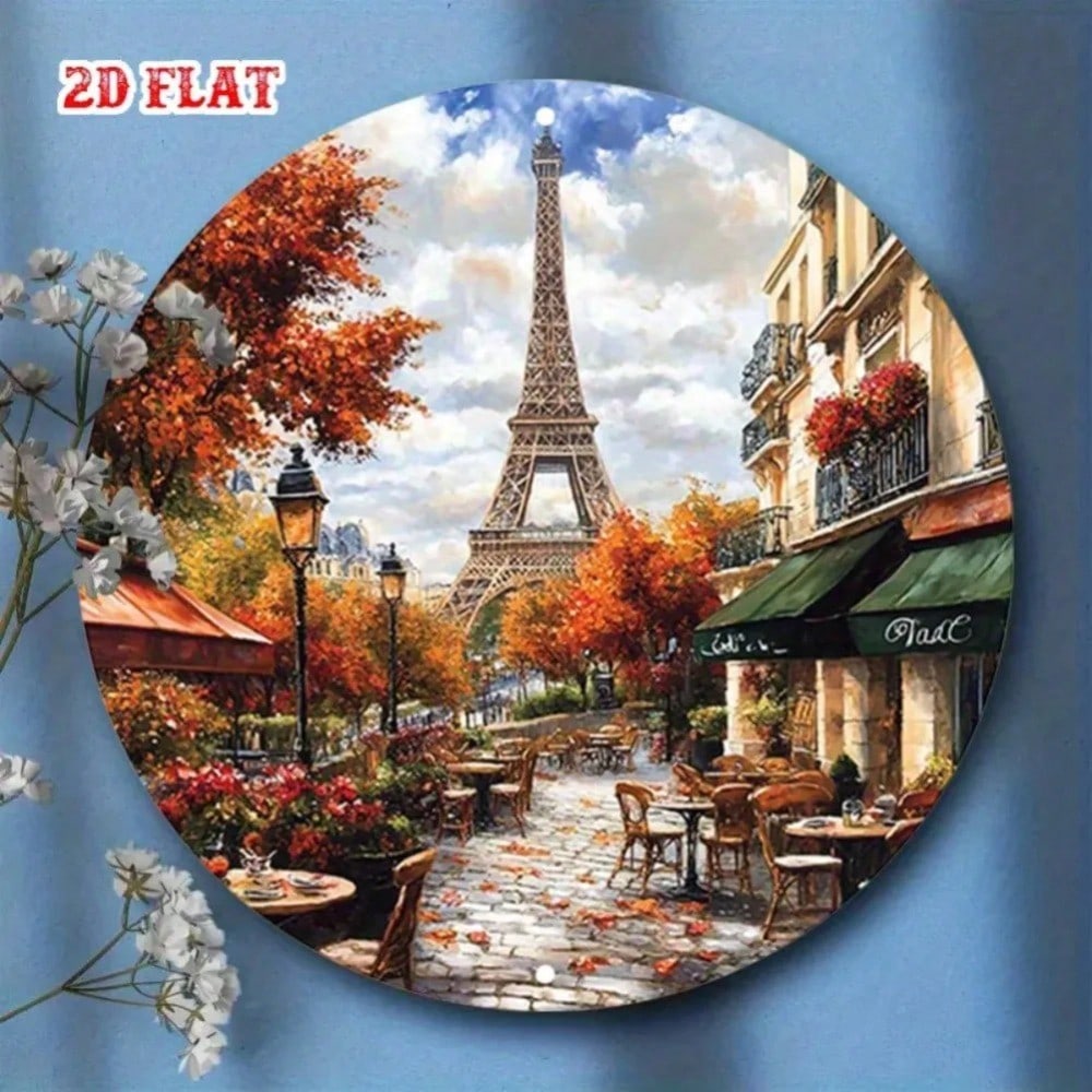 1PC Eiffel Tower Paris Tin Sign Metal Wall Art Autumn Scene Frameless Poster Home Decor For Living Room Cafe