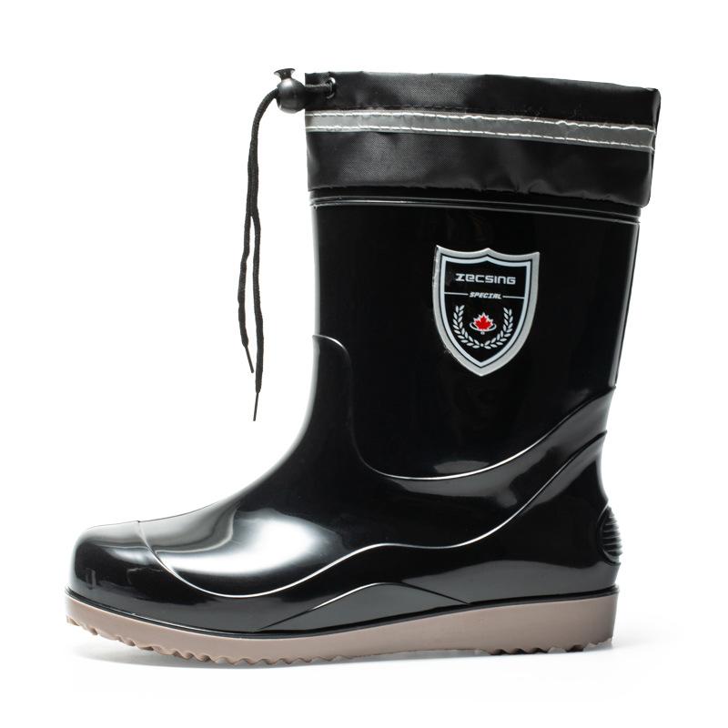 Water Shoes Pull Rope Elastic Waterproof Mouth Rain Shoes Men's Rubber Shoes Rain Boots Medium Tube Beef Tendon Sole Non-slip Waterproof Oil-proof