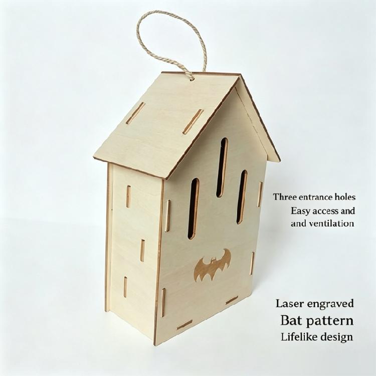 Tree Hanging Wooden Bat House, Outdoor Bat Shelter In Wood Construction with Front Opening Detail and Yard Use