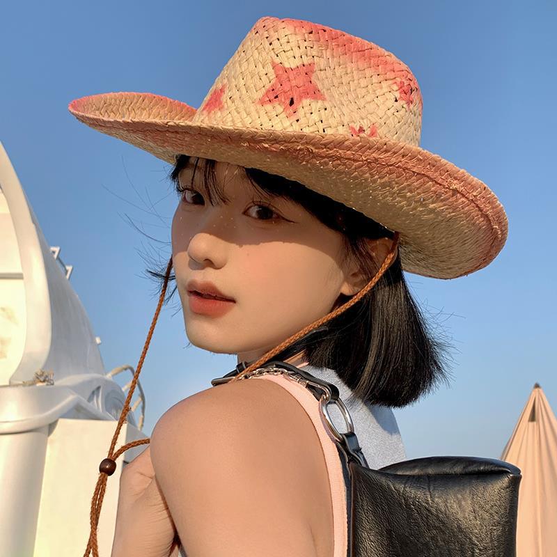 Summer Western Cowboy Hat Women's Sunscreen Hat Sweet Cool Wind Straw Hat Big Eaves Beach Seaside Spice Girl Sun Hat
