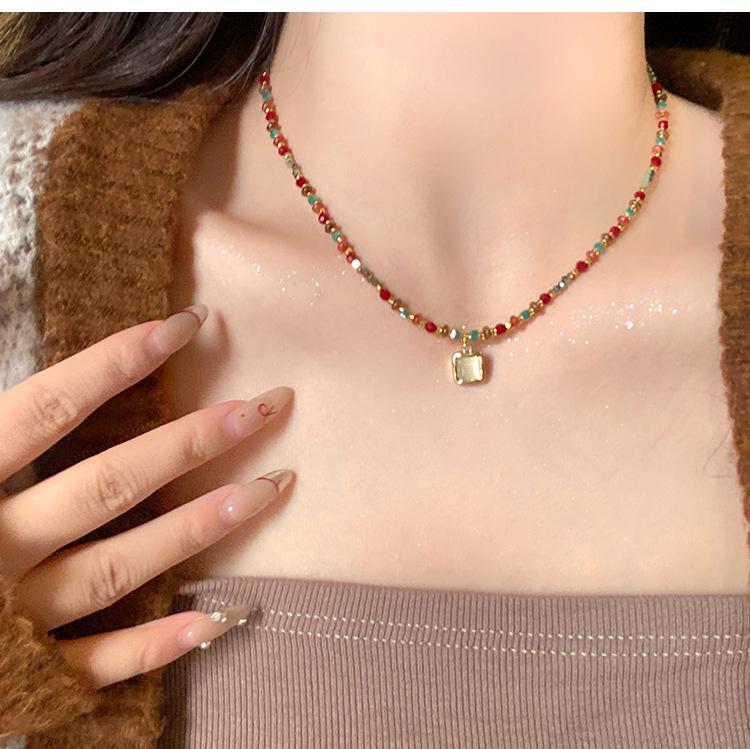 Bunte Steinperlen Edelstahl Anhänger Halskette - Vintage Ethnische Schlüsselbeinkette