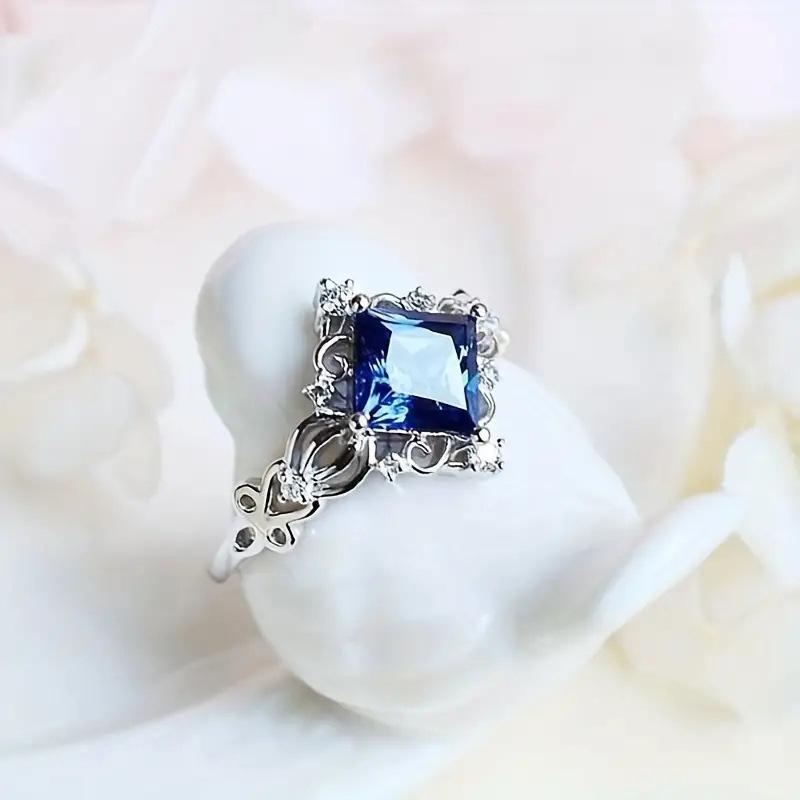 Princess Pattern Sea Blue Imitation Gemstone Index Finger Ring, Inlaid With Rhombus Zircon, Noble Exquisite Index Finger Ring