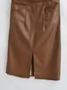 Slimming PU Leather High Slit Midi Skirt - Retro High Waist Hip-Hugging Style
