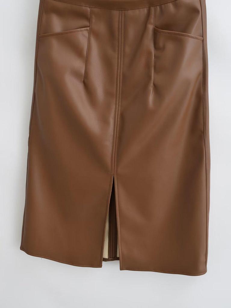Slimming PU Leather High Slit Midi Skirt - Retro High Waist Hip-Hugging Style