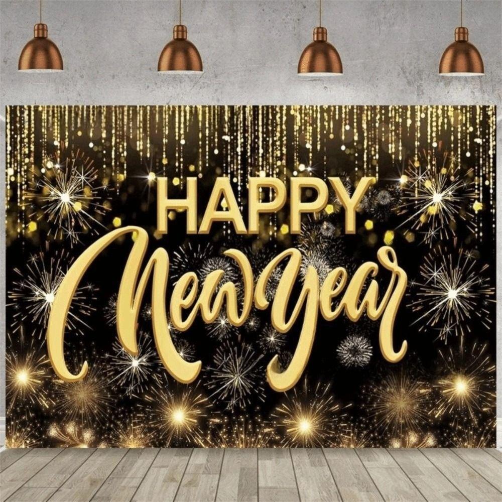 Banner New Year Backdrop 150x100CM Polyester 2026 Background Cloth Black Golden Printed New Year Wall Decor Cloth Garden