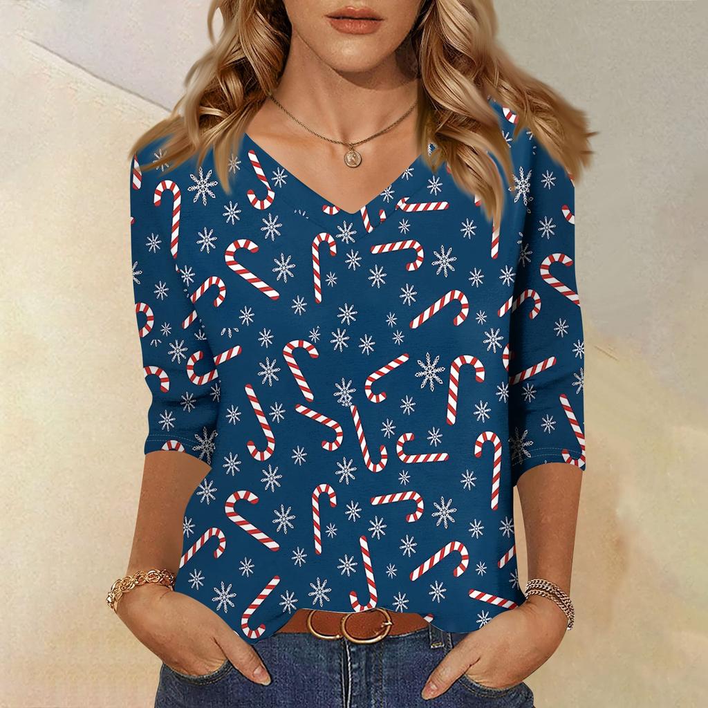 Dámská móda ležérní tričko s výstřihem do V, 3/4 rukáv, volný potisk, dámský top