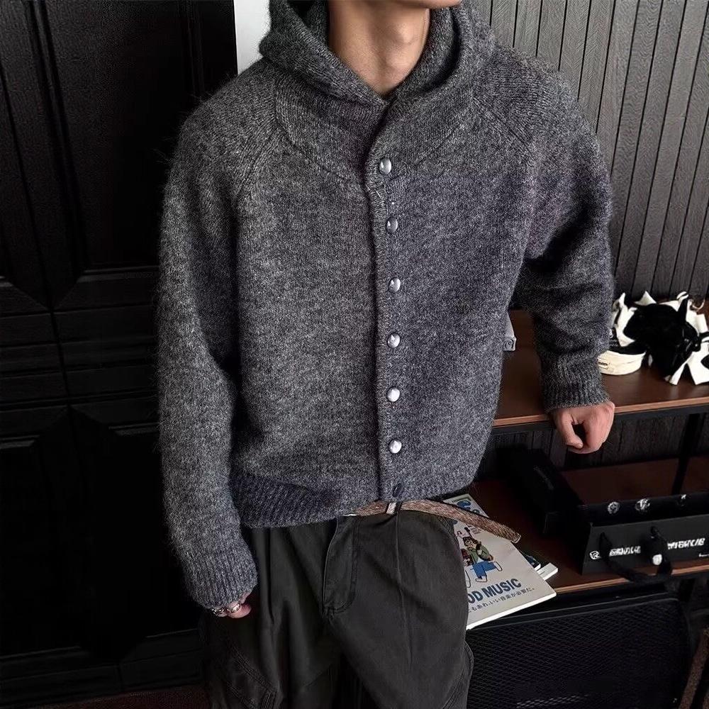 Men s Warm Half-High Collar Hooded Knit Cardigan Sweater XXXL