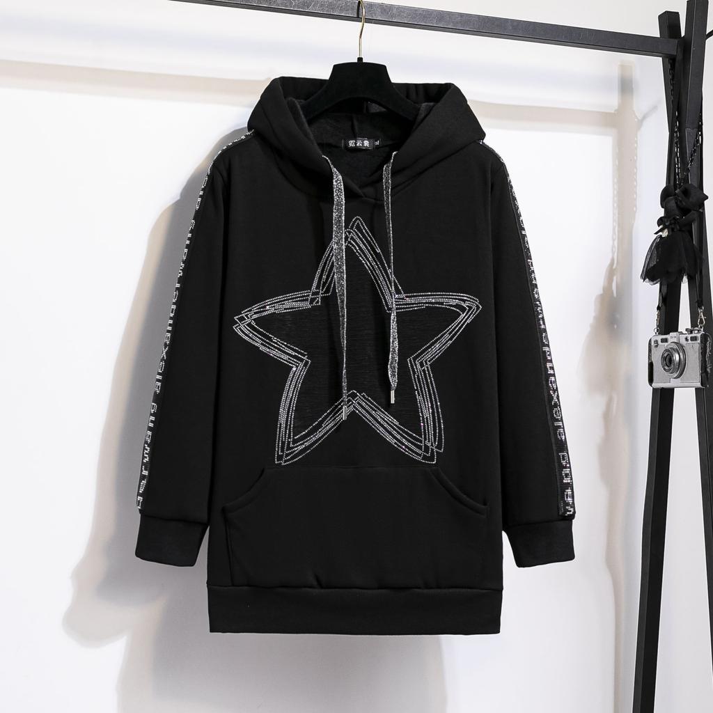 Sudadera con capucha y estampado de pentagrama de diamante de talla grande para mujer de otoño e invierno, chaqueta holgada, acolchada y gruesa de manga larga