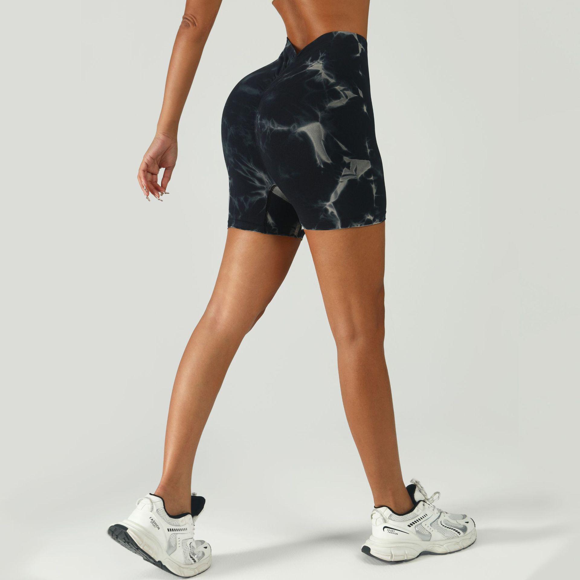 

European & American V-Waist Tie-Dye Seamless Yoga Shorts - High-Waisted Slim-Fit for Running & Fitness Medium чорний