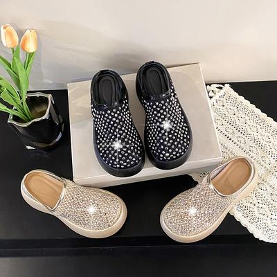 Rhinestone Thick-soled Bag Head Slippers Women's Summer Wear Half Slippers 2025 New Colored Diamond Flat Bottom Explosion