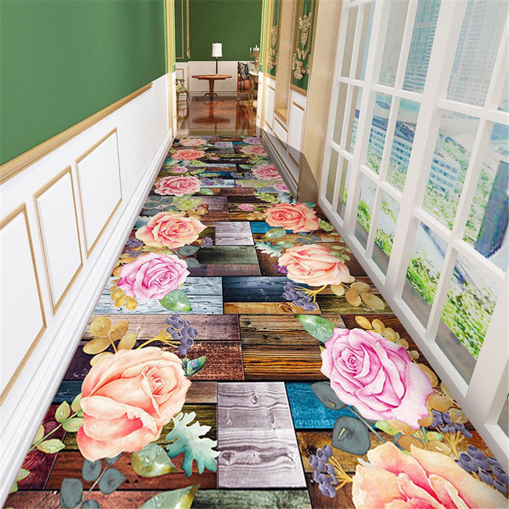 Wooden Floral Corridor Hallway Rug Pastoral 3D Carpet Living Room Area Rug Crystal Velvet Anti-slip Bedroom Mat Kitchen Floormat