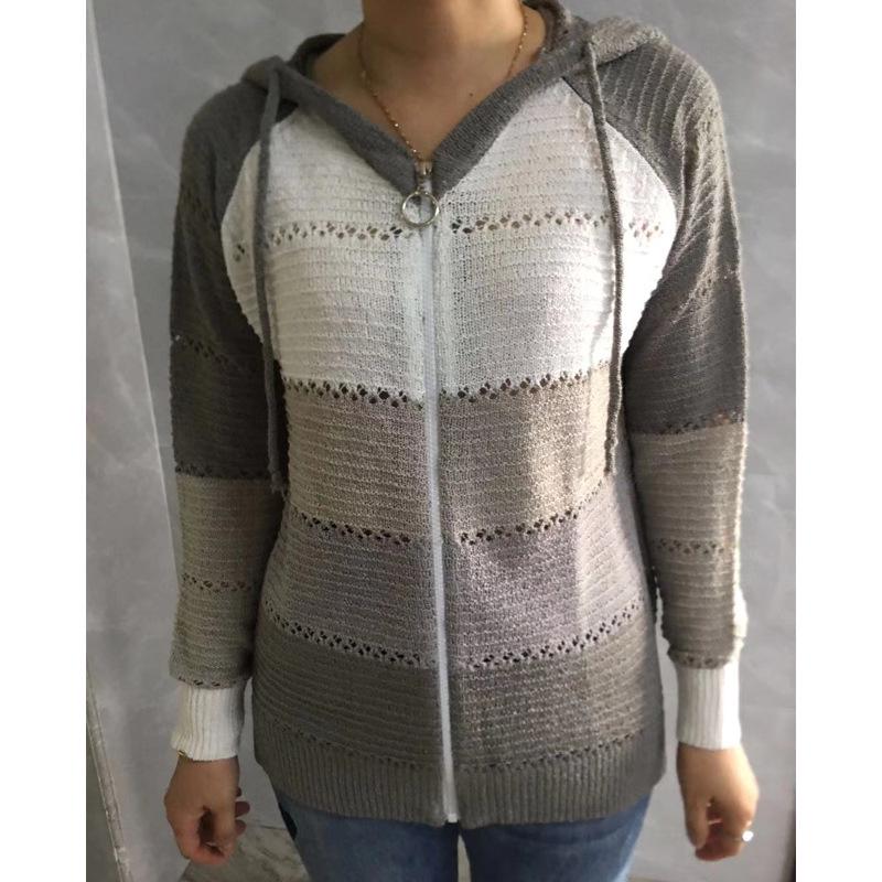 

Women s Plus Size Striped Hooded Cardigan Sweater - Long Sleeve Ripped Knit Jacket XL серый
