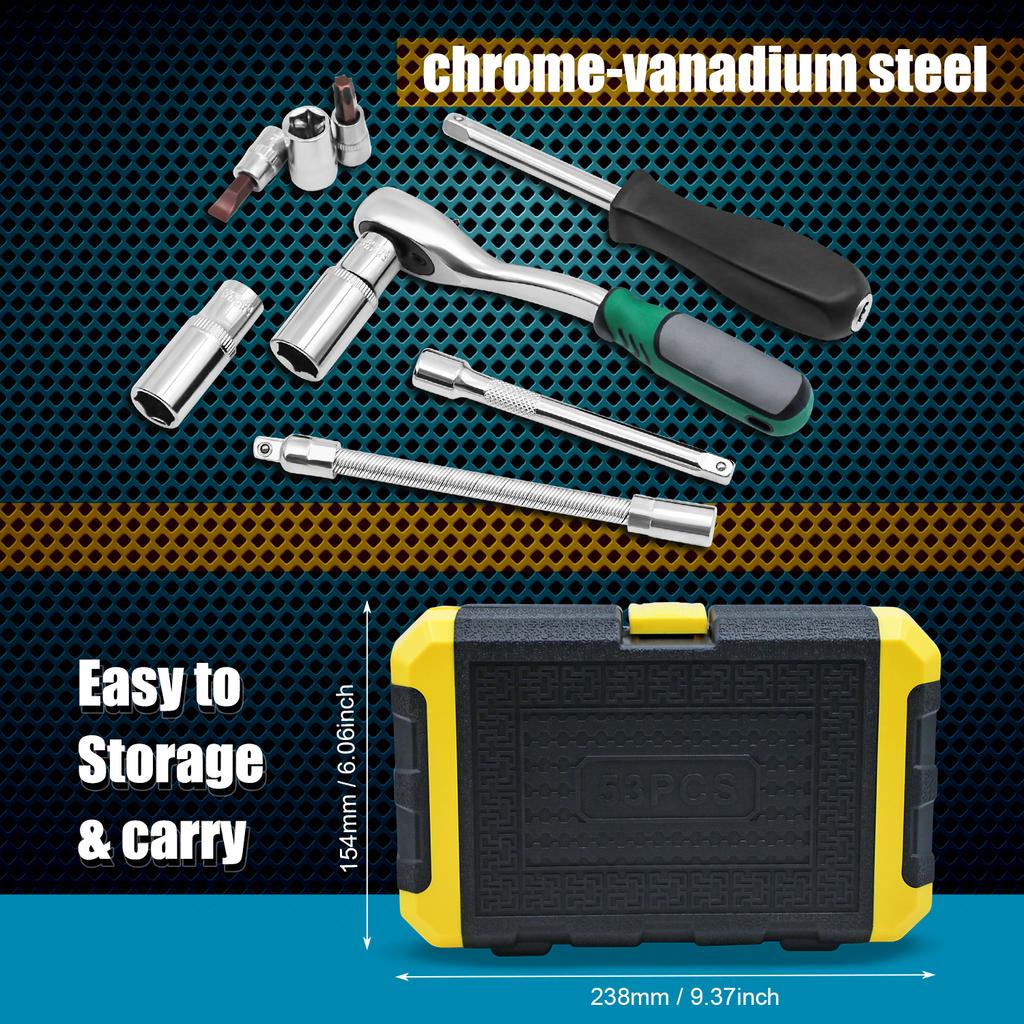 Socket Wrench Set 1/4" 24/72 Tooth Ratcheting Wrench Set with Extension Bar for Motor Repairing and Household, with Storage Case