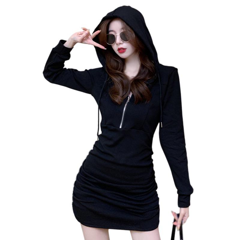 Lazy Style Long Sleeve Zipper Design Spring Casual Dress Hooded Dress