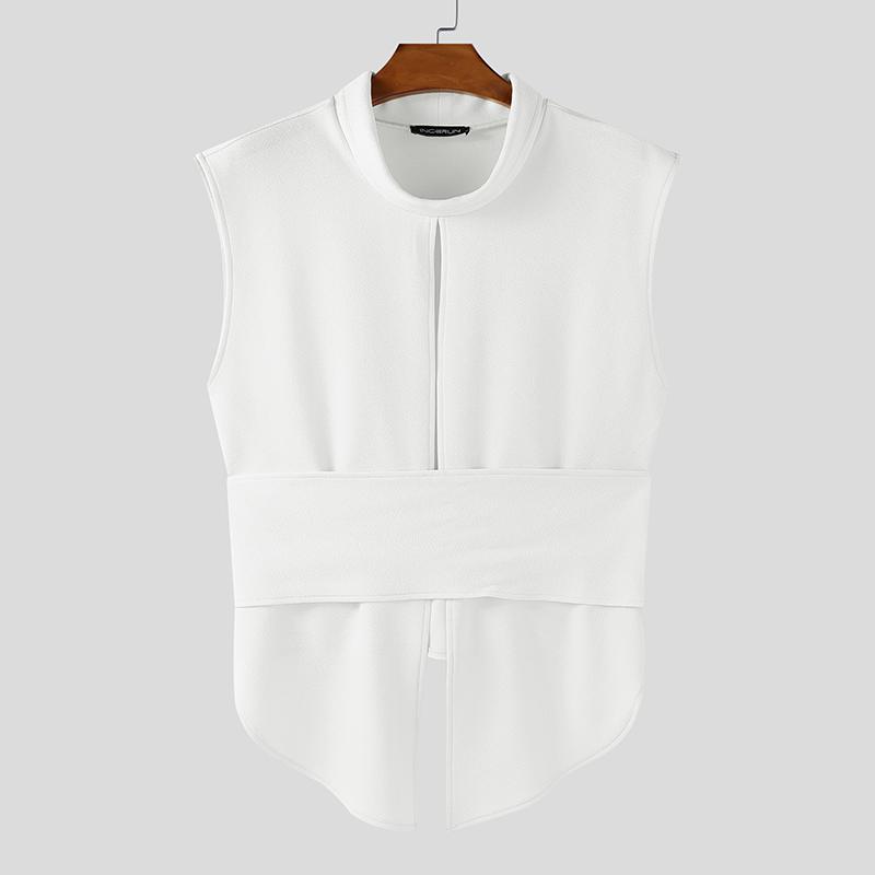 

INCERUN Men Stand Neck Sleeveless Back Lace-up Waist Cutout Splits Tank Tops 3XL белый
