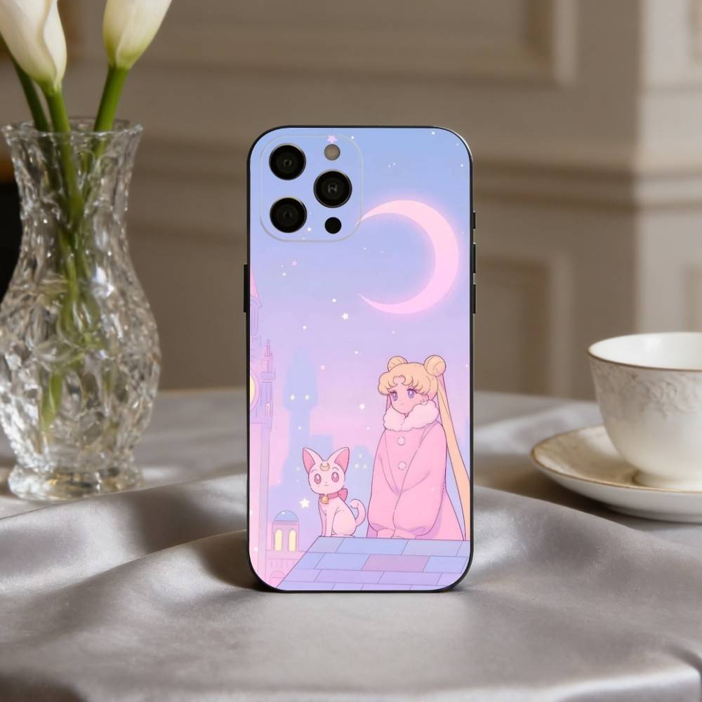 Sparkle Pastel S-Sailor M-Moons Phone Case For iPhone 17pro,16,15,14,13,12,11 Plus,Pro Max,XS,Soft Silicone Black Cover