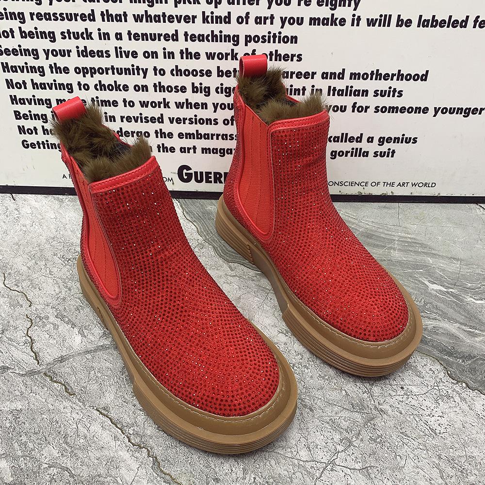 Winter Women Boots Warm Fur Snow Boots Antislip Platform Casual Ankel Boots Plus Size Fashion Rhinestone Women Cotton Shoes
