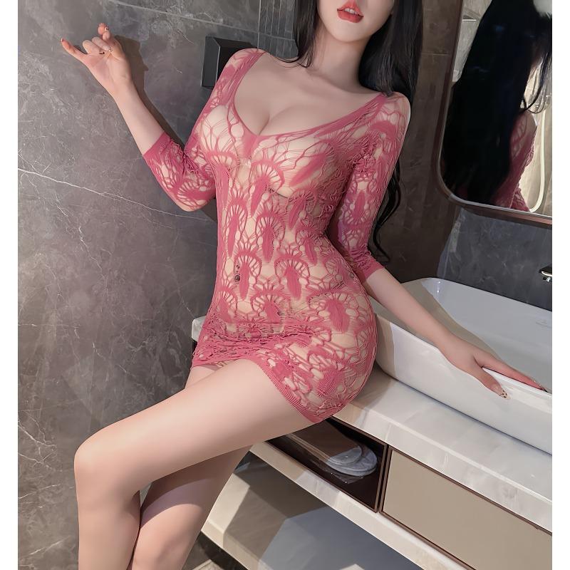 Sexy perspective plus size short skirt with hollow out sleeves  jacquard pattern pure desire wind beach temptation net clothes