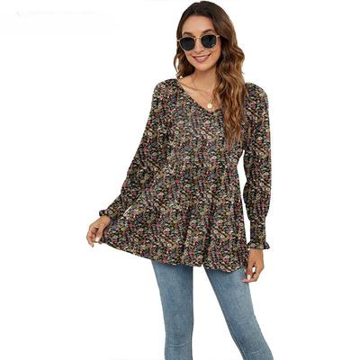 Spring Autumn Women's Shirt Tops Printed Bubble Long-sleeved Corset Tops T-shirt