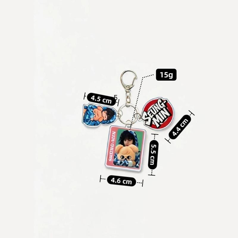 8pc Stray Kids Keychain 3-in-1 Polaroid Style Real Photo Frame Cute Cartoon Doll Colorful Name Tag Triple Charm Keyring for Bags, SKZ Merch STAY Gift