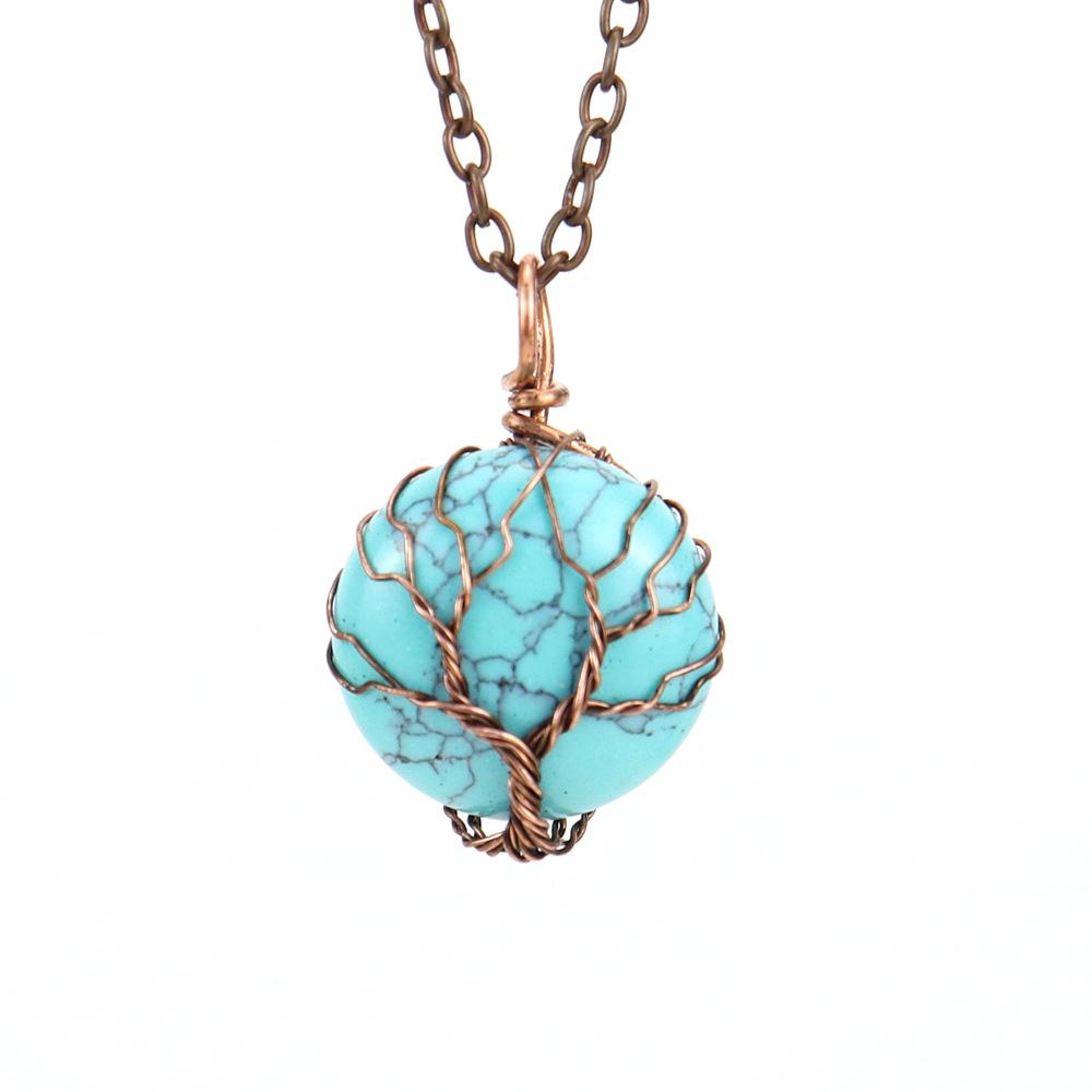 Natural Crystal Rough Stone Amethyst Round Winding Tree Of Life Pendant Necklace N647