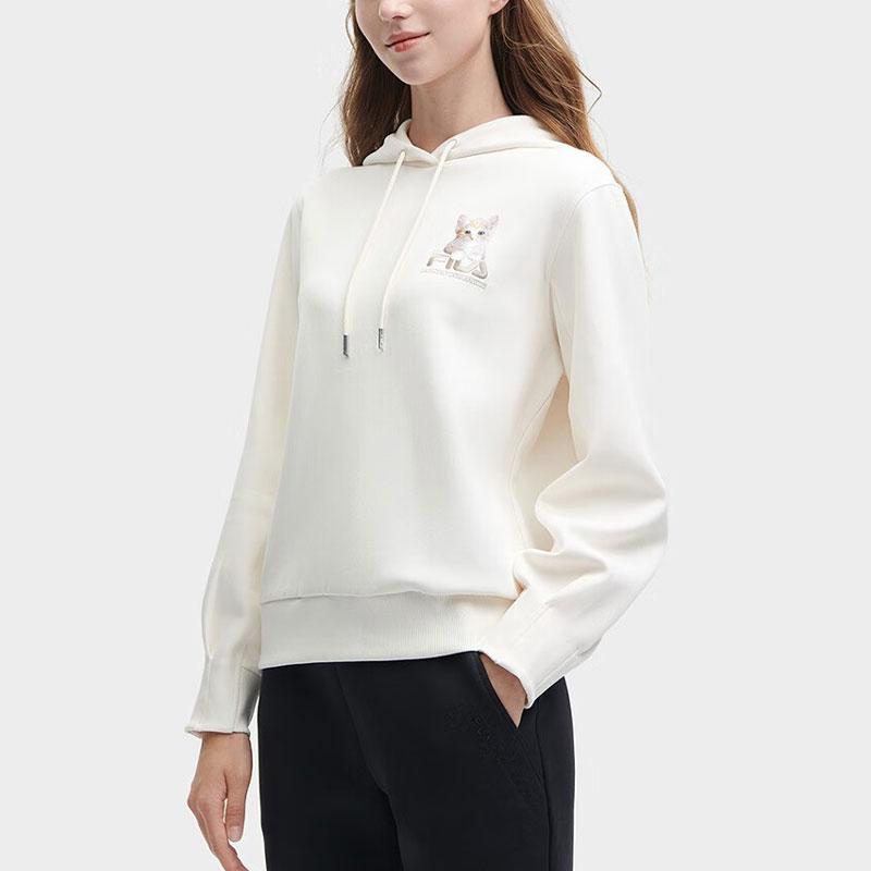 FILA Feline Letter Print Hooded Casual Knit Sweatshirt Women sweatshirt Light-Beige F11W348209F-IV