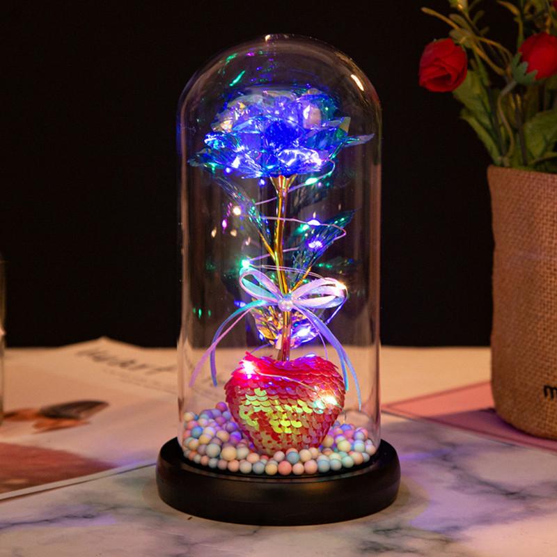 Love glass cover gold leaf flower ornament, Christmas and Valentine's Day creative gift, luminous simulated rose bouquet