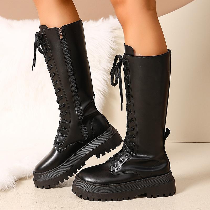 Fashion Women's Chunky Platform Knee High Boots Fashion Thick Sole PU Leather Motorcycle Boots Woman Autumn Winter Punk Long Botas Mujer