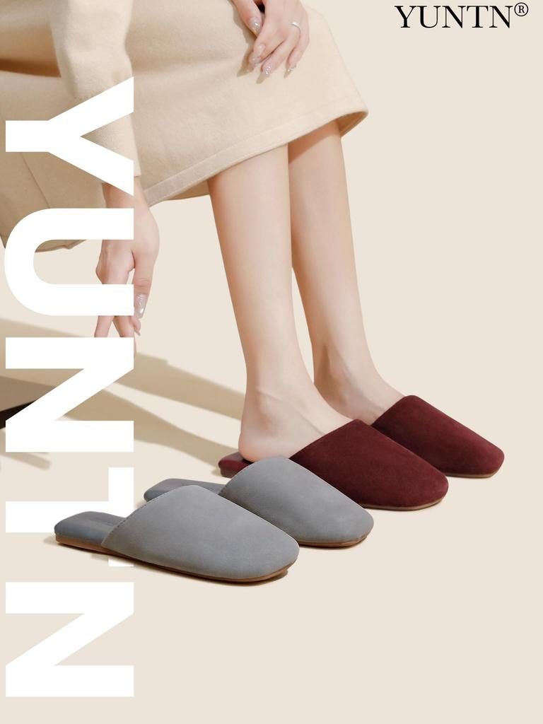 High-End Minimalist Genuine Leather & Suede Slippers - Non-Slip Sole, Unisex, All-Season Indoor Footwear