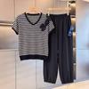 Women's Striped V-Neck Short Sleeve Two-Piece Set