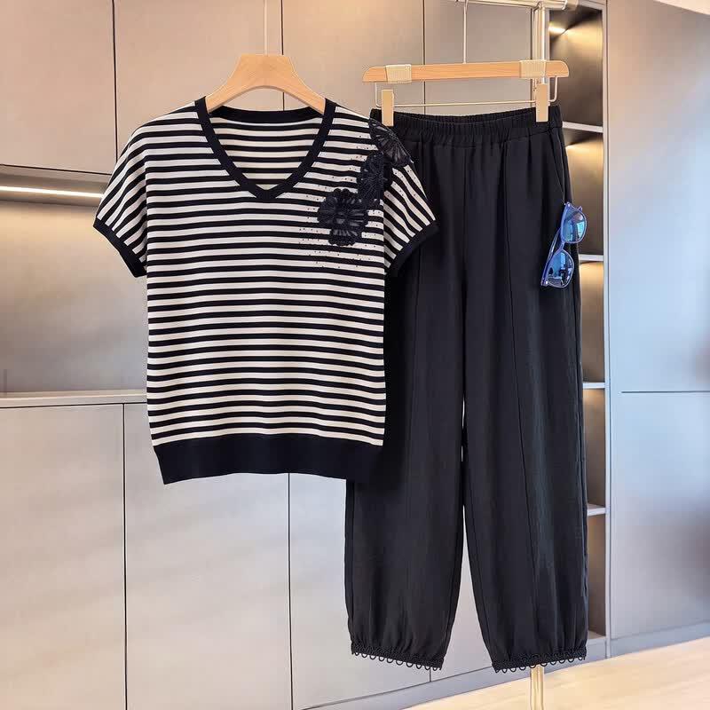 Women's Striped V-Neck Short Sleeve Two-Piece Set