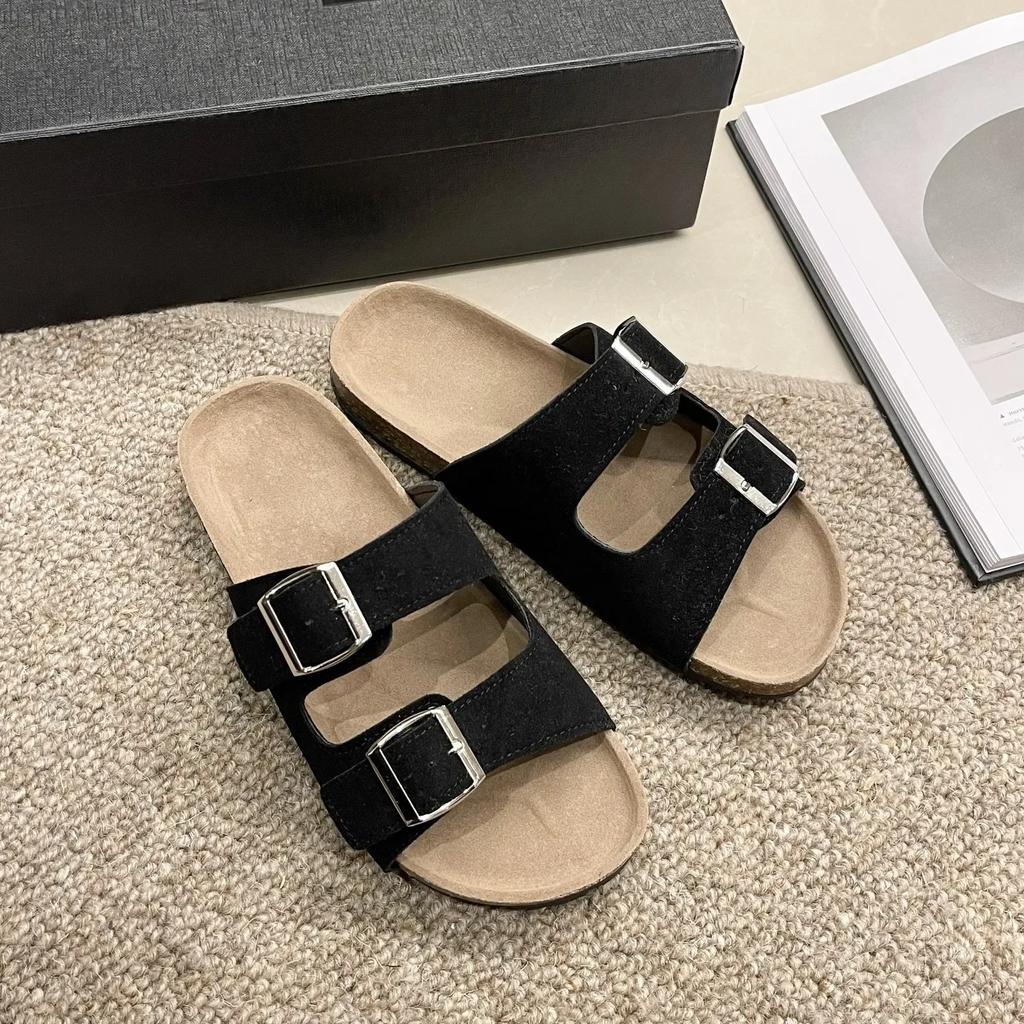 Whoholl Dámské klasické korkové pantofle Nové unisex semišové ploché sandály s podporou klenby Letní plážové nazouváky Nastavitelné boty s přezkou