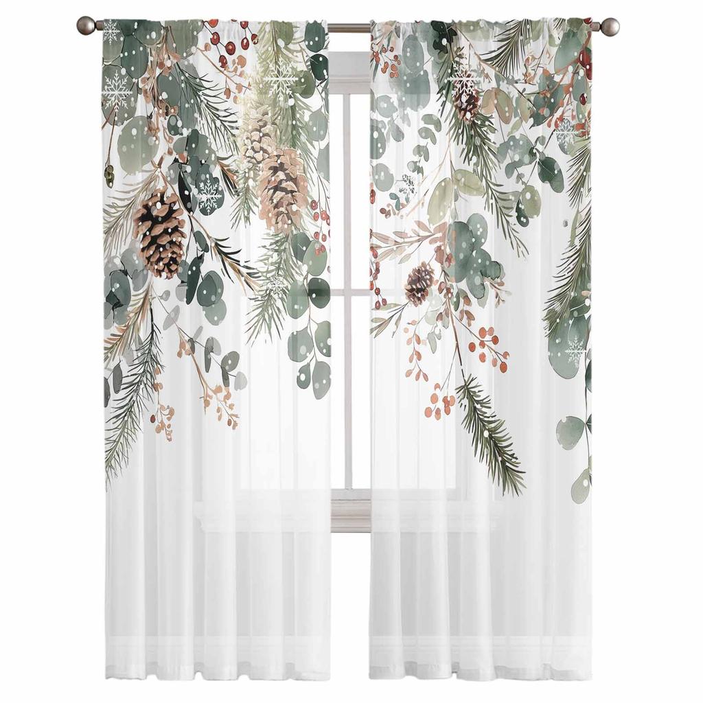 Christmas Plants Eucalyptus Leaves Berries Snowflakes Sheer Curtains Gauze Curtain for Living Room Bedroom Voile Yarn Curtains