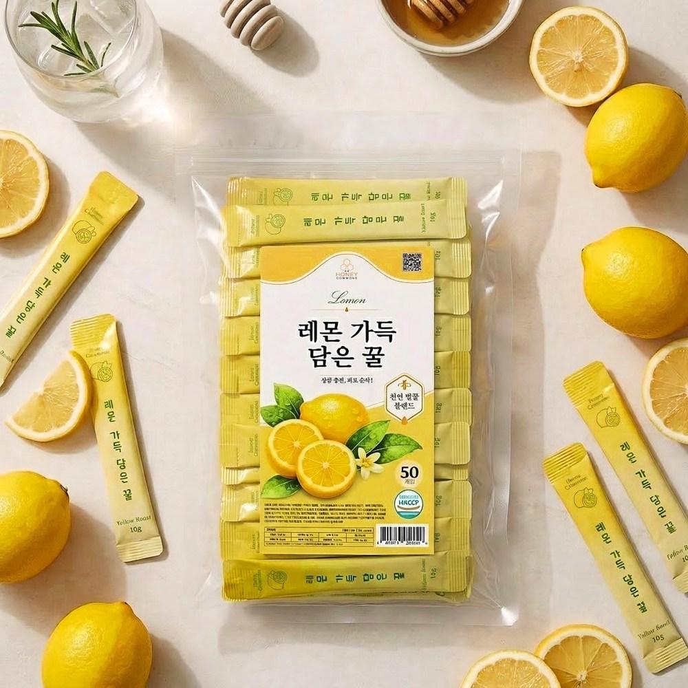 Honey Commons Lemon-Filled Honey Sticks, Individually Packaged Portable Honey 10g x 50 Packs (Lemon Honey Sticks, Home Cafe Tea Bag Substitute) 50 pcs