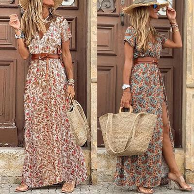 Boho Women V Neck Short Sleeve Paisley Print Belt Large Hem Beach Long Dress