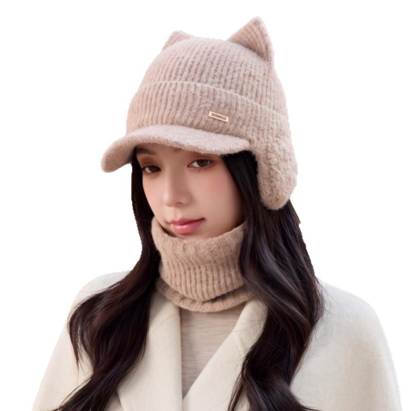 Internet celebrity cat ear knitted hat women's autumn and winter versatile velvet ear protection baseball cap cute thickened warm wool hat