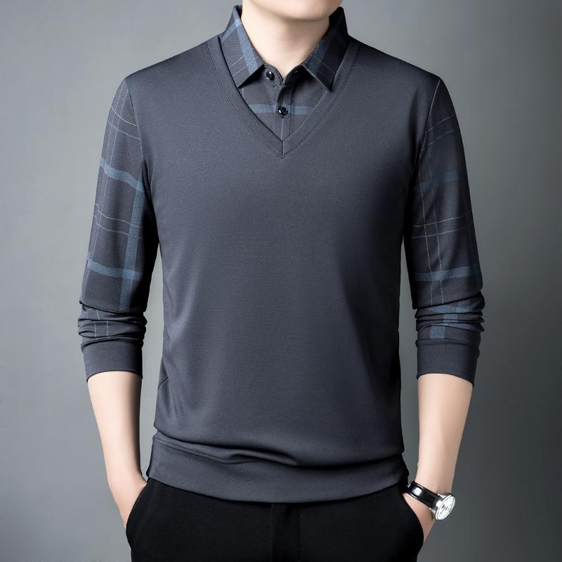 

Поддельные две части мужская одежда весна осень отложной воротник пуговицы длинный рукав свитер повседневная официальная футболка деловые топы XXXL темно серый